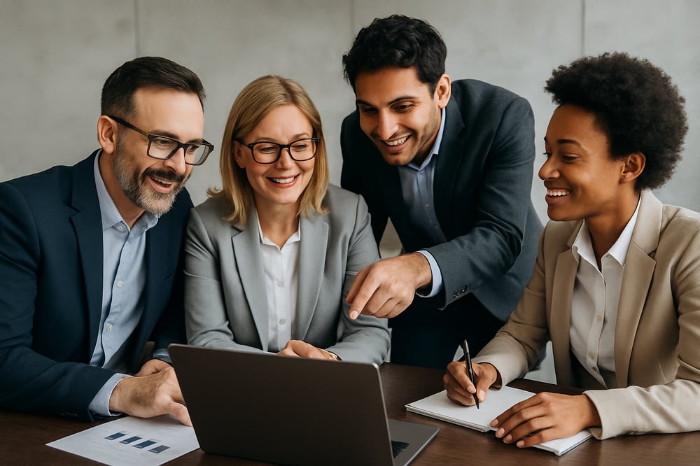 Business and technology consultants collaborating on solutions Business and technology consultants collaborating on solutions